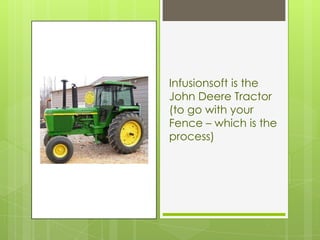 Infusionsoft is the
John Deere Tractor
(to go with your
Fence – which is the
process)
 