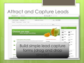 Attract and Capture Leads




     Build simple lead capture
       forms (drag and drop
               simple)
 