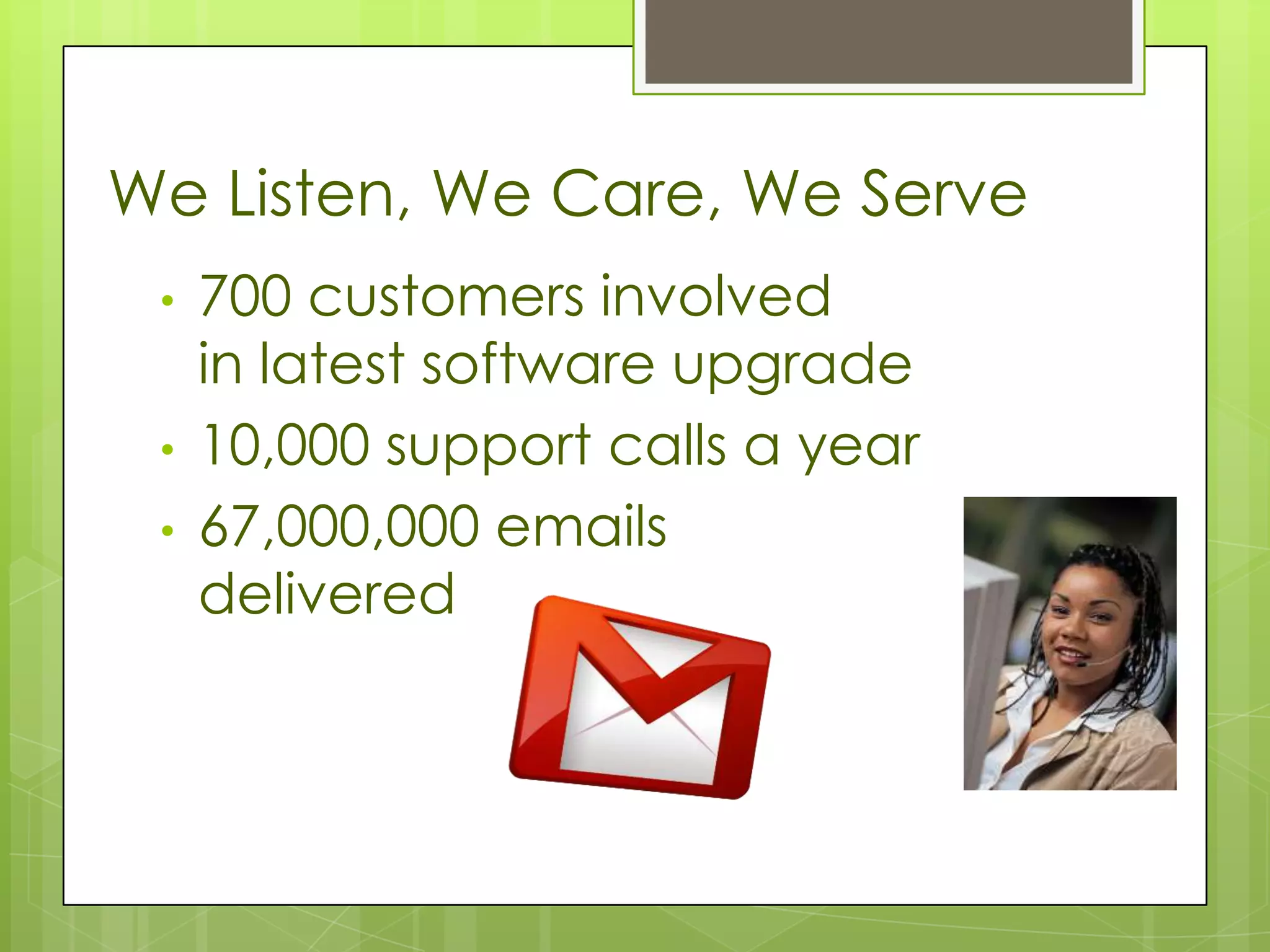 We Listen, We Care, We Serve
 •   700 customers involved
     in latest software upgrade
 •   10,000 support calls a year
 •   67,000,000 emails
     delivered
 