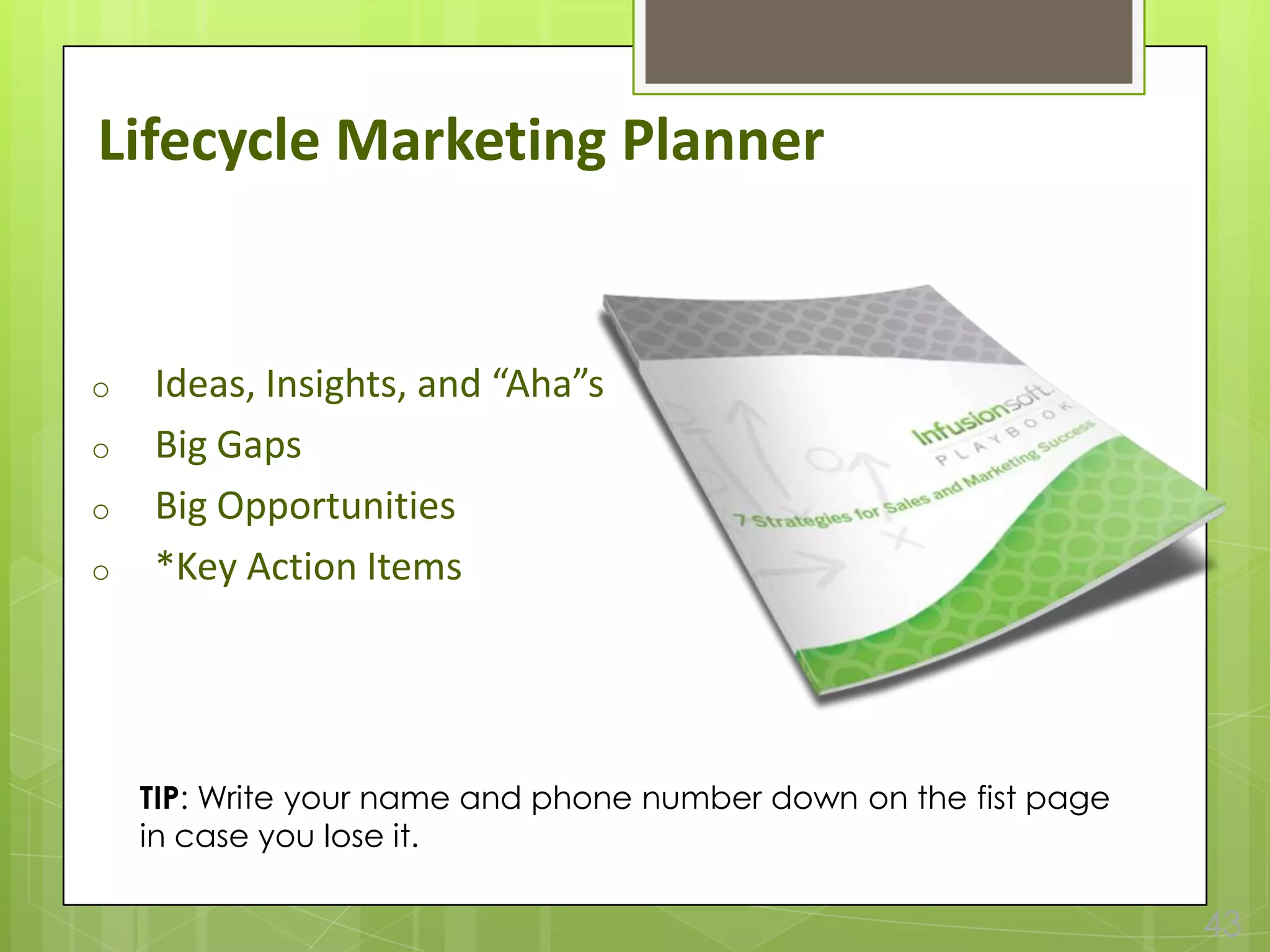 Lifecycle Marketing Planner


o   Ideas, Insights, and “Aha”s
o   Big Gaps
o   Big Opportunities
o   *Key Action Items




    TIP: Write your name and phone number down on the fist page
    in case you lose it.

                                                                  43
 