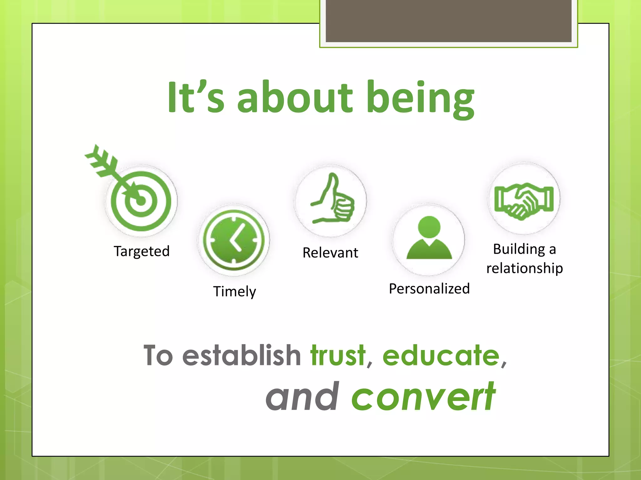 It’s about being

Targeted             Relevant                   Building a
                                               relationship
           Timely               Personalized



    To establish trust, educate,
                    and convert
 