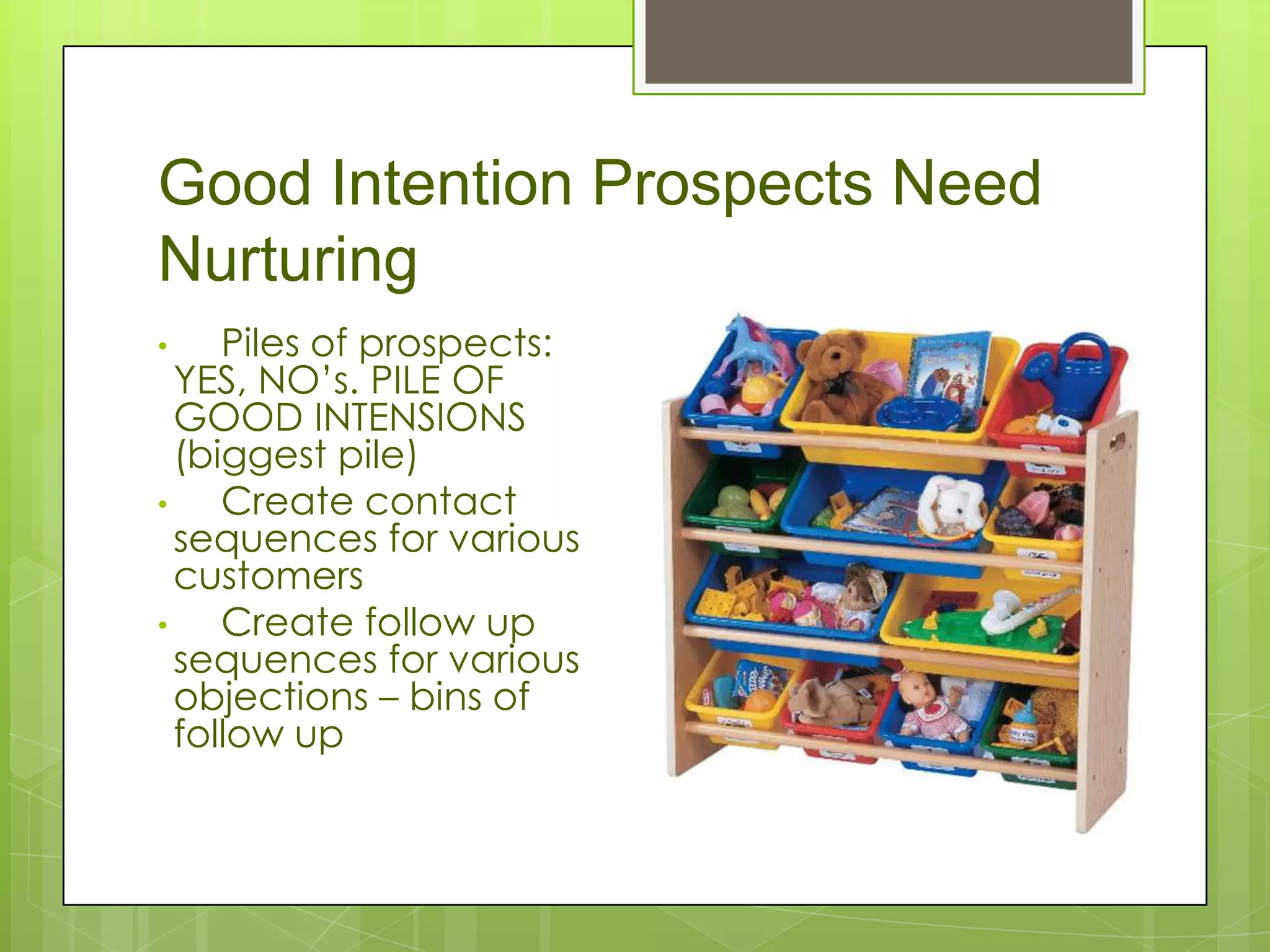Good Intention Prospects Need
Nurturing
•    Piles of prospects:
  YES, NO’s. PILE OF
  GOOD INTENSIONS
  (biggest pile)
•    Create contact
  sequences for various
  customers
•    Create follow up
  sequences for various
  objections – bins of
  follow up
 