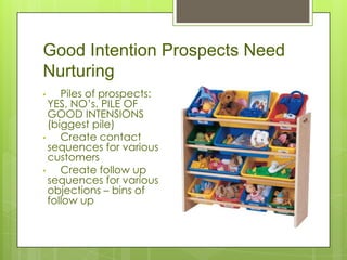 Good Intention Prospects Need
Nurturing
•    Piles of prospects:
  YES, NO’s. PILE OF
  GOOD INTENSIONS
  (biggest pile)
•    Create contact
  sequences for various
  customers
•    Create follow up
  sequences for various
  objections – bins of
  follow up
 