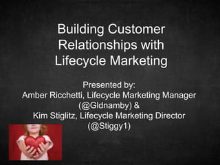 Building Customer
        Relationships with
        Lifecycle Marketing
                 Presented by:
Amber Ricchetti, Lifecycle Marketing Manager
               (@Gldnamby) &
  Kim Stiglitz, Lifecycle Marketing Director
                  (@Stiggy1)
 
