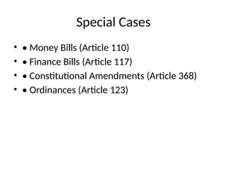 Special Cases
• • Money Bills (Article 110)
• • Finance Bills (Article 117)
• • Constitutional Amendments (Article 368)
• • Ordinances (Article 123)
 