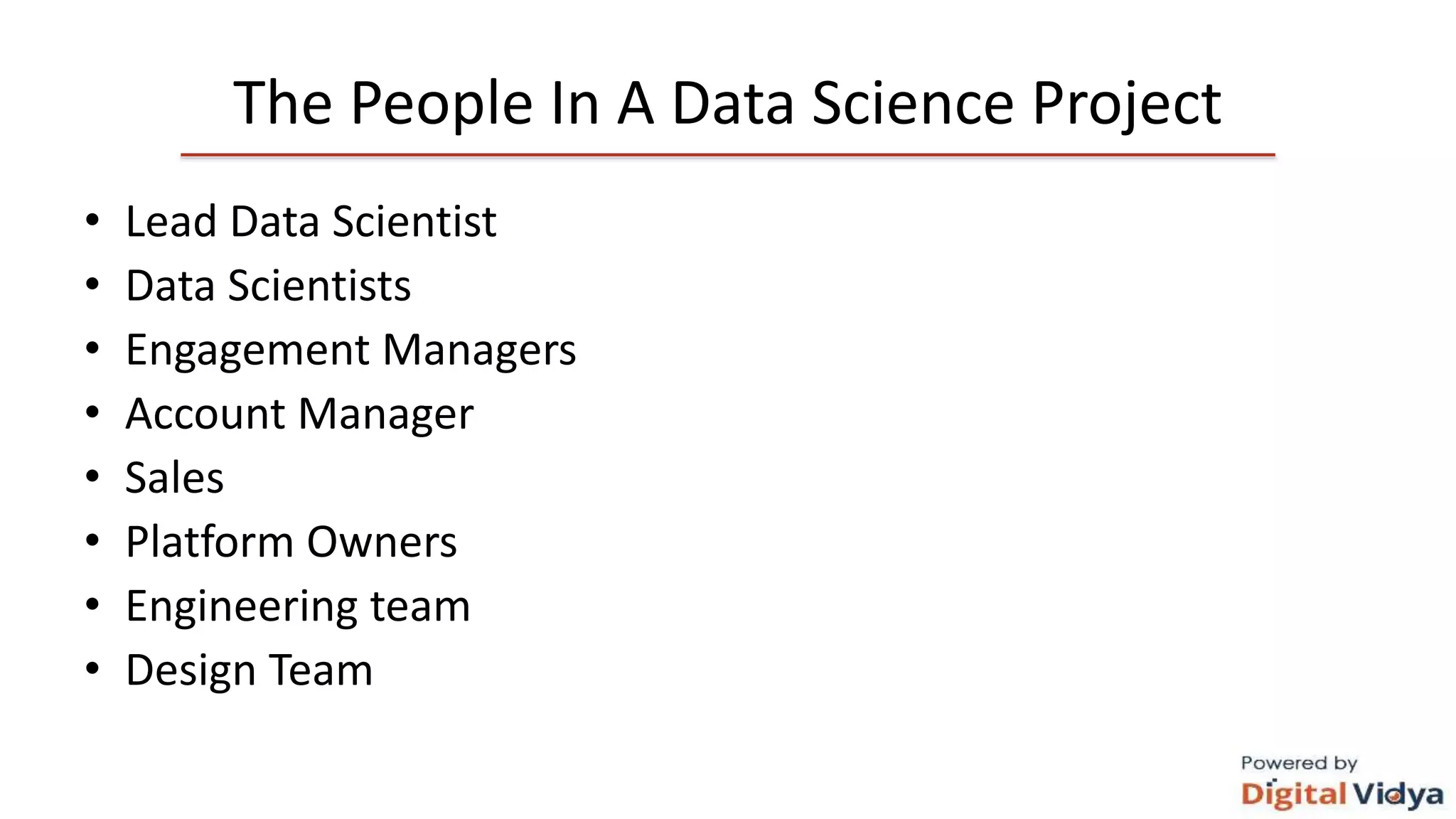 The People In A Data Science Project
• Lead Data Scientist
• Data Scientists
• Engagement Managers
• Account Manager
• Sales
• Platform Owners
• Engineering team
• Design Team
 