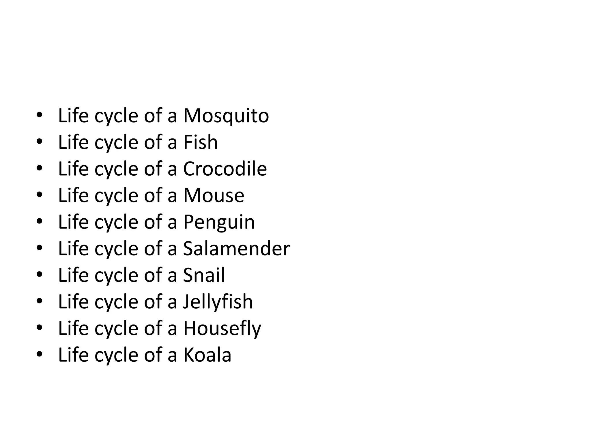 •   Life cycle of a Mosquito
•   Life cycle of a Fish
•   Life cycle of a Crocodile
•   Life cycle of a Mouse
•   Life cycle of a Penguin
•   Life cycle of a Salamender
•   Life cycle of a Snail
•   Life cycle of a Jellyfish
•   Life cycle of a Housefly
•   Life cycle of a Koala
 
