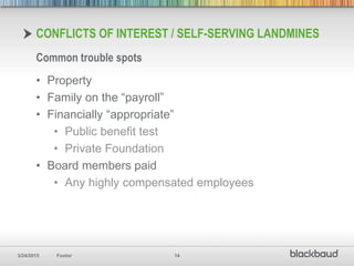 3/24/2015 Footer 14
CONFLICTS OF INTEREST / SELF-SERVING LANDMINES
• Property
• Family on the “payroll”
• Financially “appropriate”
• Public benefit test
• Private Foundation
• Board members paid
• Any highly compensated employees
Common trouble spots
 