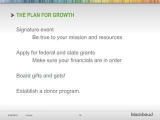 3/24/2015 Footer 18
THE PLAN FOR GROWTH
Signature event
Be true to your mission and resources
Apply for federal and state grants
Make sure your financials are in order
Board gifts and gets!
Establish a donor program.
 