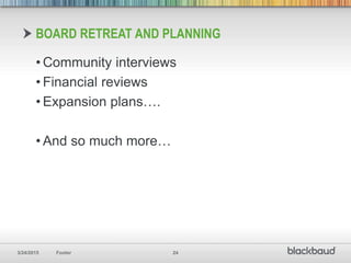 3/24/2015 Footer 24
BOARD RETREAT AND PLANNING
• Community interviews
• Financial reviews
• Expansion plans….
• And so much more…
 
