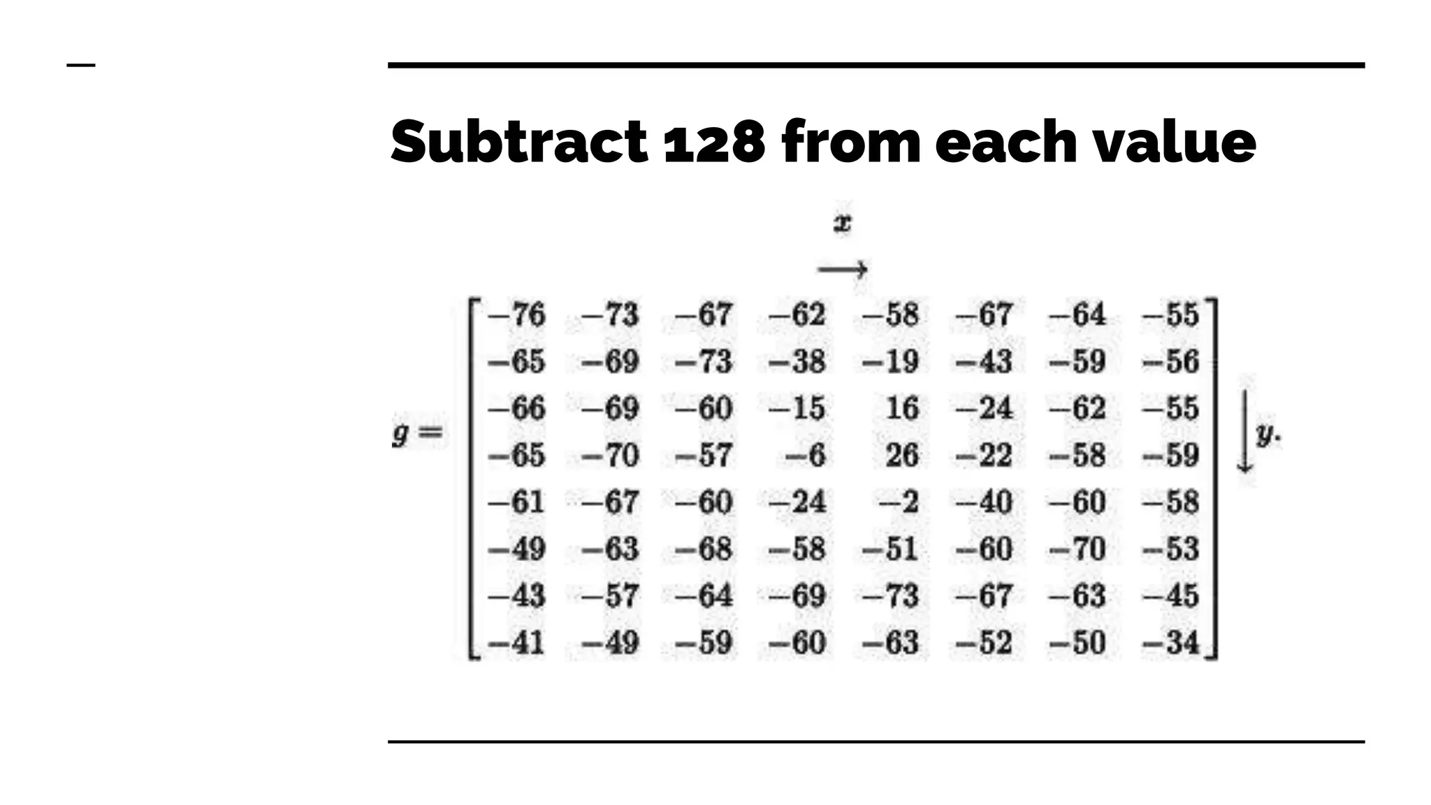 Subtract 128 from each value
 
