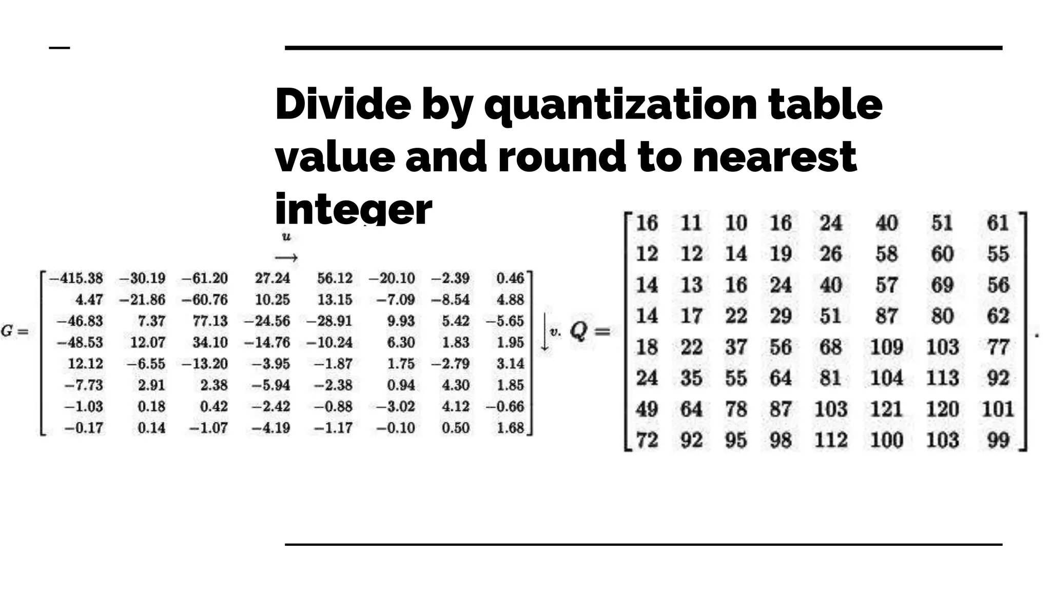 Divide by quantization table
value and round to nearest
integer
 