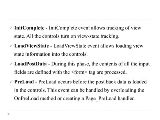  InitComplete - InitComplete event allows tracking of view
state. All the controls turn on view-state tracking.
 LoadViewState - LoadViewState event allows loading view
state information into the controls.
 LoadPostData - During this phase, the contents of all the input
fields are defined with the <form> tag are processed.
 PreLoad - PreLoad occurs before the post back data is loaded
in the controls. This event can be handled by overloading the
OnPreLoad method or creating a Page_PreLoad handler.
 