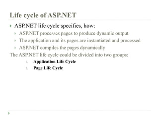 Life cycle of ASP.NET
 ASP.NET life cycle specifies, how:
 ASP.NET processes pages to produce dynamic output
 The application and its pages are instantiated and processed
 ASP.NET compiles the pages dynamically
The ASP.NET life cycle could be divided into two groups:
1. Application Life Cycle
2. Page Life Cycle
 