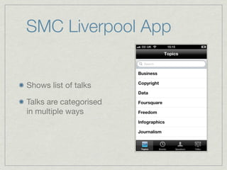 SMC Liverpool App


Shows list of talks

Talks are categorised
in multiple ways
 