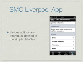 SMC Liverpool App


Various actions are
offered, all deﬁned in
the simple dataﬁles
 