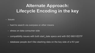 Alternate Approach:
Lifecycle Encoding in the key
• Issues
• hard to search via overpass or other means
• stress on data consumer side
• compatibility issues with both start_date specs and with ISO 8601/EDTF
• database people don’t like stashing data on the key side of a KV pair
 