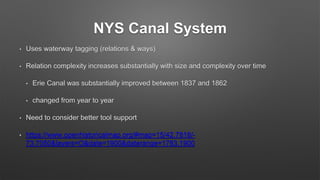 NYS Canal System
• Uses waterway tagging (relations & ways)
• Relation complexity increases substantially with size and complexity over time
• Erie Canal was substantially improved between 1837 and 1862
• changed from year to year
• Need to consider better tool support
• https://www.openhistoricalmap.org/#map=15/42.7818/-
73.7050&layers=O&date=1900&daterange=1783,1900
 