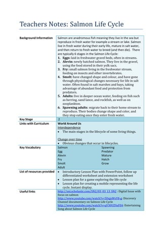 Teachers Notes: Salmon Life Cycle
Background Information Salmon are anadromous fish meaning they live in the sea but
reproduce in fresh water for example a stream or lake. Salmon
live in fresh water during their early life, mature in salt water,
and then return to fresh water to breed (and then die). There
are typically 6 stages in the Salmon Life Cycle:
1. Eggs: laid in freshwater gravel beds, often in streams.
2. Alevin: newly hatched salmon. They live in the gravel,
using the food stored in their yolk sacs.
3. Fry: small salmon living in the freshwater stream,
feeding on insects and other invertebrates.
4. Smolt: have changed shape and colour, and have gone
through physiological changes necessary for life in salt
water. Often found in salt marshes and bays, taking
advantage of abundant food and protection from
predators.
5. Adults: live in deeper ocean water, feeding on fish such
as herring, sand lance, and rockfish, as well as on
zooplankton.
6. Spawning adults: migrate back to their home stream to
reproduce. Their bodies change shape and color, and
they stop eating once they enter fresh water.
Key Stage 2
Links with Curriculum World Around Us
Interdependence
The main stages in the lifecycle of some living things.
Change over time
Obvious changes that occur in lifecycles.
Key Vocabulary Salmon
Egg
Alevin
Fry
Smolt
Adult
Spawning
Predator
Mature
Hatch
Grow
List of resources provided Introductory Lesson Plan with PowerPoint, follow up
differentiated worksheet and extension worksheet
Lesson plan for a game exploring the life cycle
Lesson plan for creating a mobile representing the life
cycle. Instant display.
Useful links http://sni.scholastic.com/SN2/03_03_13_SN2 : Digital Issue with
focus on salmon
http://www.youtube.com/watch?v=5DqjsWsY8-g: Discovery
Channel documentary on Salmon Life Cycle
http://www.youtube.com/watch?v=qV30UZ9aF04: Entertaining
Song about Salmon Life Cycle
 