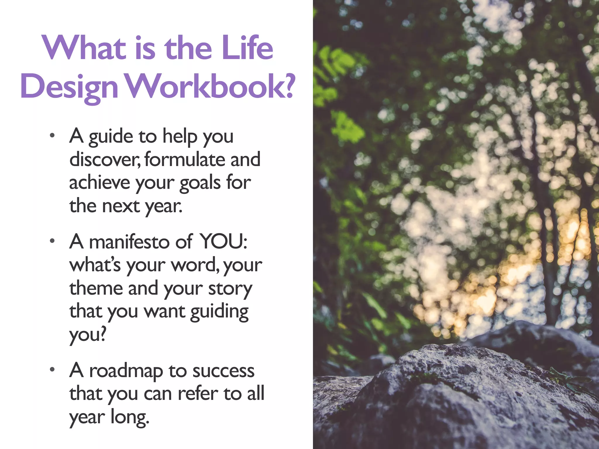 • A guide to help you
discover,formulate and
achieve your goals for
the next year.
• A manifesto of YOU:
what’s your word,your
theme and your story
that you want guiding
you?
• A roadmap to success
that you can refer to all
year long.
What is the Life
DesignWorkbook?
 