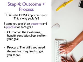 This is the MOST important step:
This is why goals fail!
I want you to pick an outcome and
a process for each goal:
• Outcome: The ideal result,
hopeful conclusion,best end for
your goal.
• Process: The skills you need,
the method required to get
you there.
Step 4: Outcome +
Process
 