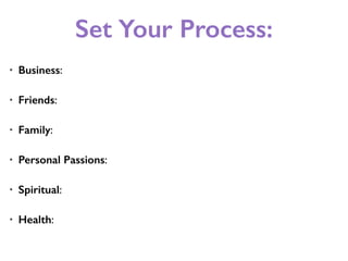 Set Your Process:
• Business:
• Friends:
• Family:
• Personal Passions:
• Spiritual:
• Health:
 