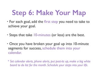 Step 6: Make Your Map
• For each goal, add the ﬁrst step you need to take to
achieve your goal.
• Steps that take 10-minutes (or less) are the best.
• Once you have broken your goal up into 10-minute
segments for success, schedule them into your
calendar.
* Set calendar alerts, phone alerts, put post-its up, make a big white
board to do list for the month. Schedule your steps into your life.
 
