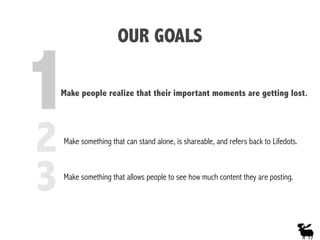 OUR GOALS
Make something that allows people to see how much content they are posting.
3
Make something that can stand alone, is shareable, and refers back to Lifedots.
2
1Make people realize that their important moments are getting lost.
 