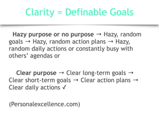 Clarity = Definable Goals
Hazy purpose or no purpose → Hazy, random
goals → Hazy, random action plans → Hazy,
random daily actions or constantly busy with
others’ agendas or
Clear purpose → Clear long-term goals →
Clear short-term goals → Clear action plans →
Clear daily actions ✓
(Personalexcellence.com)
 