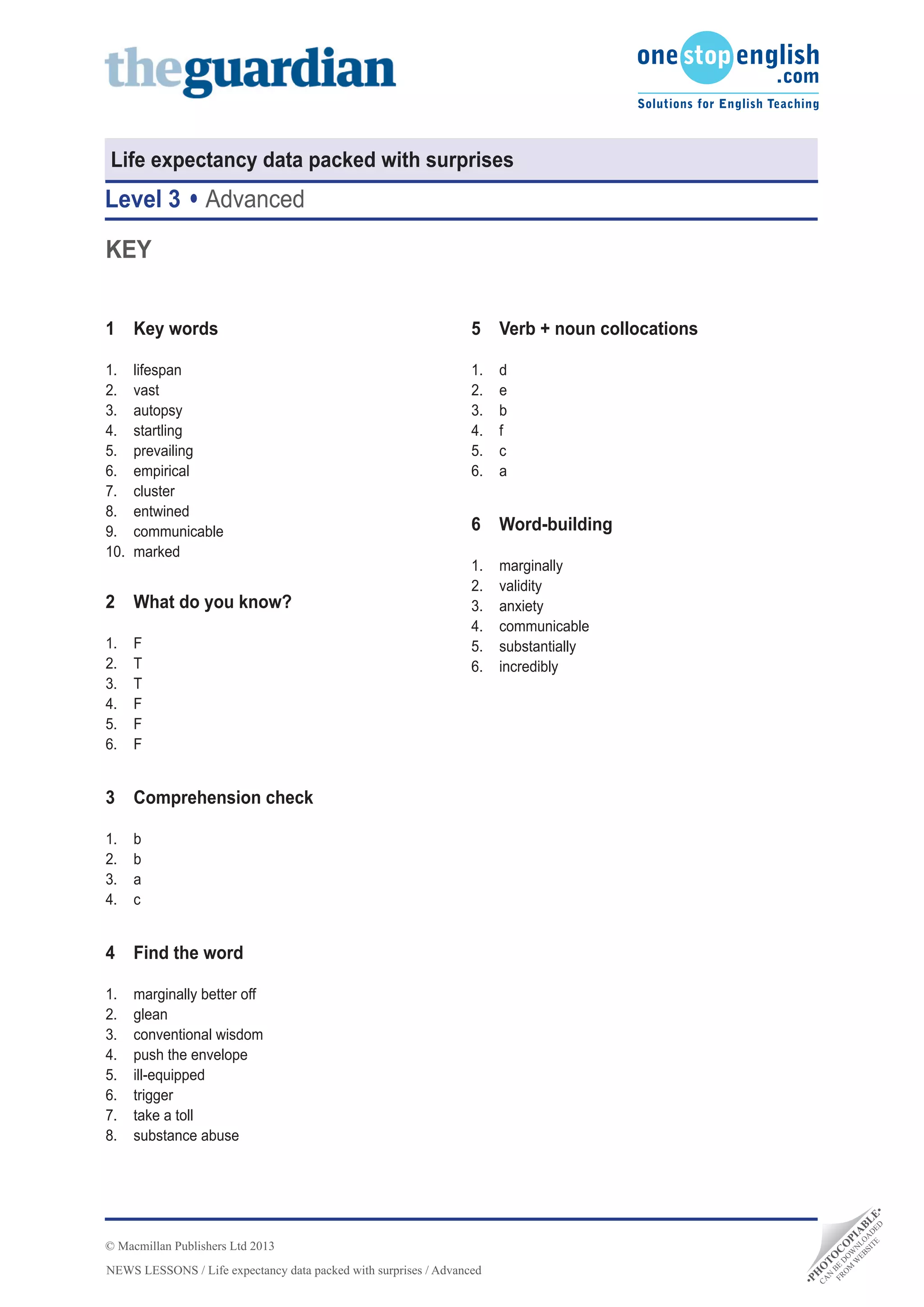 NEWS LESSONS / Life expectancy data packed with surprises / Advanced
•PH
O
TO
C
O
PIA
BLE•
CA
N
BE
D
O
W
N
LO
A
D
ED
FRO
M
W
EBSITE
© Macmillan Publishers Ltd 2013
Life expectancy data packed with surprises
Level 3 Advanced
KEY
1	 Key words
1.	 lifespan
2.	 vast
3.	 autopsy
4.	 startling
5.	 prevailing
6.	 empirical
7.	 cluster
8.	 entwined
9.	 communicable
10.	 marked
2	 What do you know?
1.	 F
2.	 T
3.	 T
4.	 F
5.	 F
6.	 F
3	 Comprehension check
1.	 b
2.	 b
3.	 a
4.	 c
4	 Find the word
1.	 marginally better off
2.	 glean
3.	 conventional wisdom
4.	 push the envelope
5.	 ill-equipped
6.	 trigger
7.	 take a toll
8.	 substance abuse
5	 Verb + noun collocations
1.	 d
2.	 e
3.	 b
4.	 f
5.	 c
6.	 a
6	Word-building
1.	 marginally
2.	 validity
3.	 anxiety
4.	 communicable
5.	 substantially
6.	 incredibly
 
