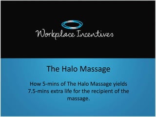 The Halo Massage
How 5-mins of The Halo Massage yields
7.5-mins extra life for the recipient of the
massage.
 