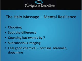 • Choosing
• Spot the difference
• Counting backwards by 7
• Subconscious imaging
• Feel good chemical – cortisol, adrenalin,
dopamine
The Halo Massage – Mental Resilience
 