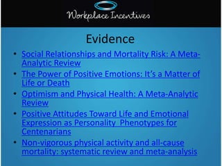 • Social Relationships and Mortality Risk: A Meta-
Analytic Review
• The Power of Positive Emotions: It’s a Matter of
Life or Death
• Optimism and Physical Health: A Meta-Analytic
Review
• Positive Attitudes Toward Life and Emotional
Expression as Personality Phenotypes for
Centenarians
• Non-vigorous physical activity and all-cause
mortality: systematic review and meta-analysis
Evidence
 