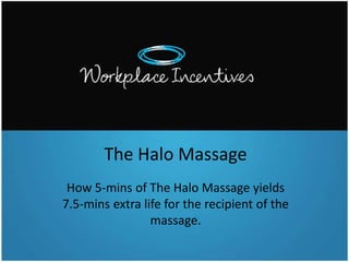 The Halo Massage
How 5-mins of The Halo Massage yields
7.5-mins extra life for the recipient of the
massage.

 