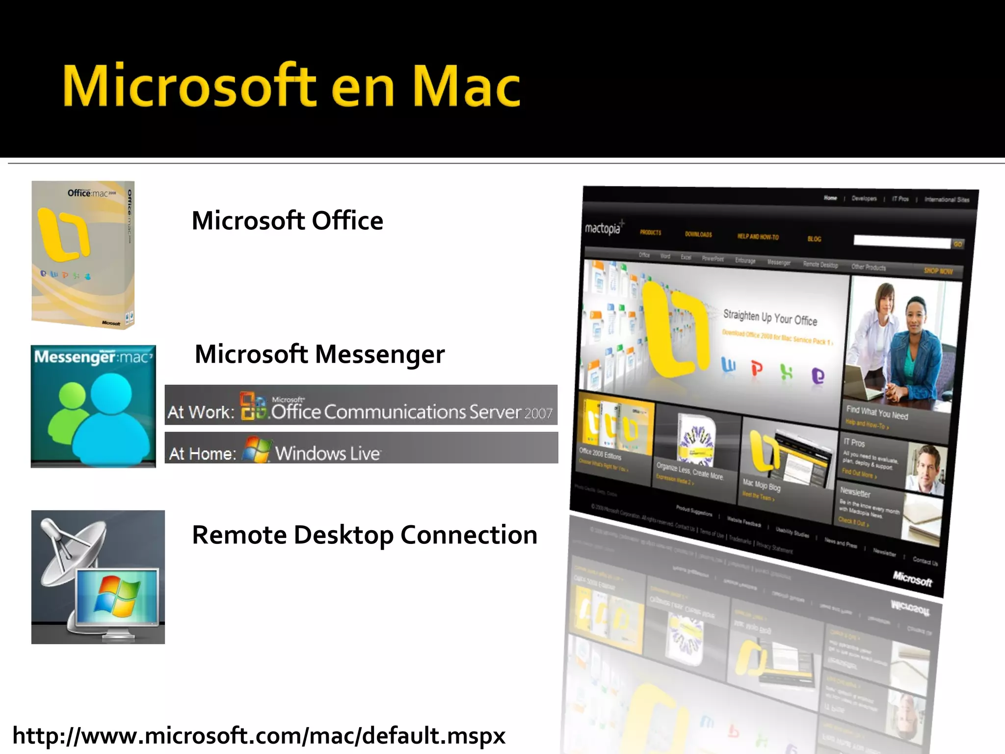 http://www.microsoft.com/mac/default.mspx
Microsoft Office
Microsoft Messenger
Remote Desktop Connection
 