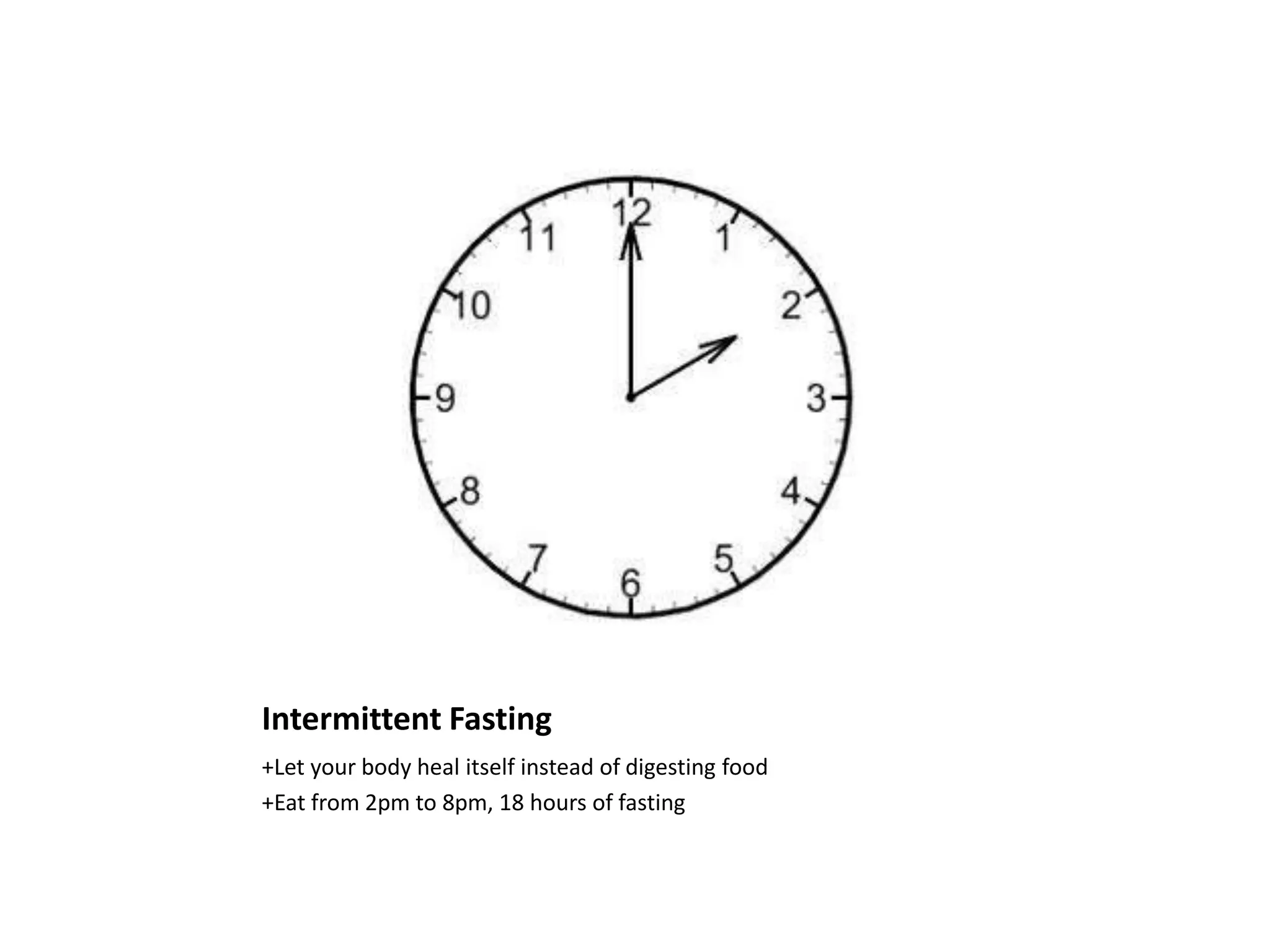 Intermittent Fasting
+Let your body heal itself instead of digesting food
+Eat from 2pm to 8pm, 18 hours of fasting
 