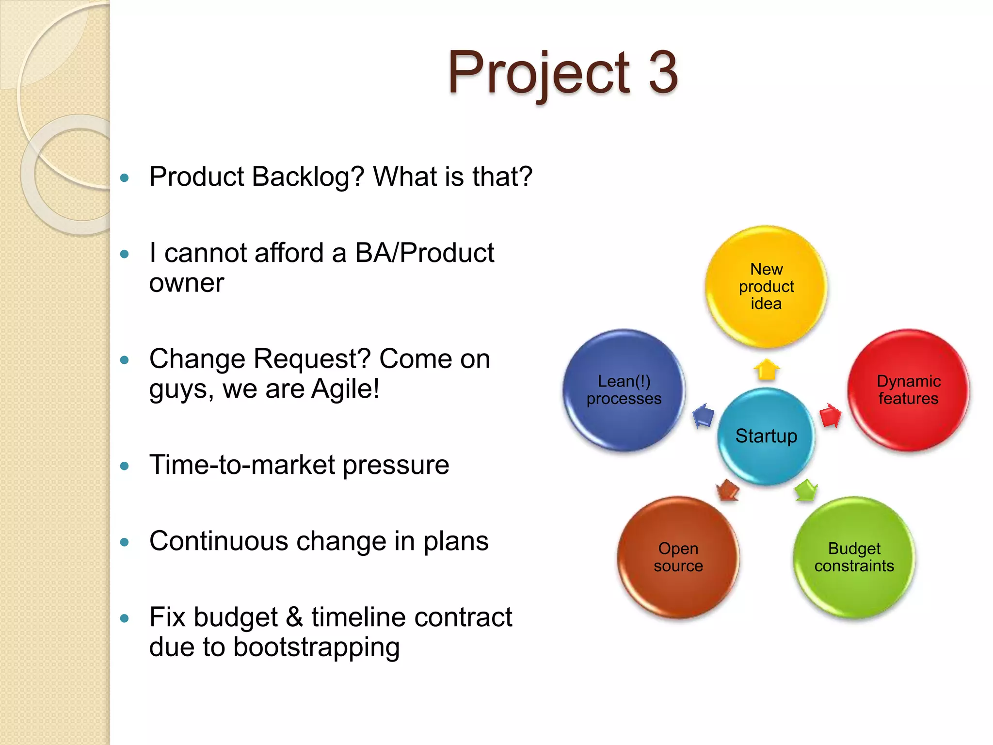 Project 3
Startup
New
product
idea
Dynamic
features
Budget
constraints
Open
source
Lean(!)
processes
 Product Backlog? What is that?
 I cannot afford a BA/Product
owner
 Change Request? Come on
guys, we are Agile!
 Time-to-market pressure
 Continuous change in plans
 Fix budget & timeline contract
due to bootstrapping
 