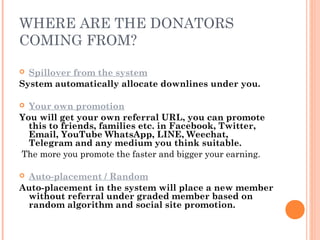 WHERE ARE THE DONATORS
COMING FROM?
 Spillover from the system
System automatically allocate downlines under you.
 Your own promotion
You will get your own referral URL, you can promote
this to friends, families etc. in Facebook, Twitter,
Email, YouTube WhatsApp, LINE, Weechat,
Telegram and any medium you think suitable.
The more you promote the faster and bigger your earning.
 Auto-placement / Random
Auto-placement in the system will place a new member
without referral under graded member based on
random algorithm and social site promotion.
 