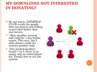 MY DOWNLINES NOT INTERESTED
IN DONATING?
 Do not worry, LIFEHELP
CLUB is only for people
that are honest and willing
to give first before they
can receive.
 •Free member account
will valid for 1 day before
expire. This way, the 5
slots always ready for
serious member only.
 •For graded member,
Grade 1 to 3, there is no
expiry and no subscription
fee. Totally free to use the
system.
 