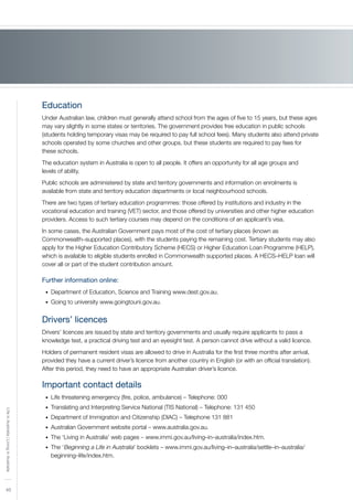 40
LifeinAustralia|LivinginAustralia
Education
Under Australian law, children must generally attend school from the ages of five to 15 years, but these ages
may vary slightly in some states or territories. The government provides free education in public schools
(students holding temporary visas may be required to pay full school fees). Many students also attend private
schools operated by some churches and other groups, but these students are required to pay fees for
these schools.
The education system in Australia is open to all people. It offers an opportunity for all age groups and
levels of ability.
Public schools are administered by state and territory governments and information on enrolments is
available from state and territory education departments or local neighbourhood schools.
There are two types of tertiary education programmes: those offered by institutions and industry in the
vocational education and training (VET) sector, and those offered by universities and other higher education
providers. Access to such tertiary courses may depend on the conditions of an applicant’s visa.
In some cases, the Australian Government pays most of the cost of tertiary places (known as
Commonwealth–supported places), with the students paying the remaining cost. Tertiary students may also
apply for the Higher Education Contributory Scheme (HECS) or Higher Education Loan Programme (HELP),
which is available to eligible students enrolled in Commonwealth supported places. A HECS–HELP loan will
cover all or part of the student contribution amount.
Further information online:
Department of Education, Science and Training www.dest.gov.au.•	
Going to university www.goingtouni.gov.au.•	
Drivers’ licences
Drivers’ licences are issued by state and territory governments and usually require applicants to pass a
knowledge test, a practical driving test and an eyesight test. A person cannot drive without a valid licence.
Holders of permanent resident visas are allowed to drive in Australia for the first three months after arrival,
provided they have a current driver’s licence from another country in English (or with an official translation).
After this period, they need to have an appropriate Australian driver’s licence.
Important contact details
Life threatening emergency (fire, police, ambulance) – Telephone: 000•	
Translating and Interpreting Service National (TIS National) – Telephone: 131 450•	
Department of Immigration and Citizenship (DIAC) – Telephone 131 881•	
Australian Government website portal – www.australia.gov.au.•	
The ‘Living in Australia’ web pages – www.immi.gov.au/living–in–australia/index.htm.•	
The ‘•	 Beginning a Life in Australia’ booklets – www.immi.gov.au/living–in–australia/settle–in–australia/
beginning–life/index.htm.
 