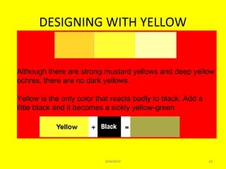 DESIGNING WITH YELLOW
WINARCH 24
                                                                                                                
Although there are strong mustard yellows and deep yellow
ochres, there are no dark yellows.
Yellow is the only color that reacts badly to black: Add a
little black and it becomes a sickly yellow-green.
 