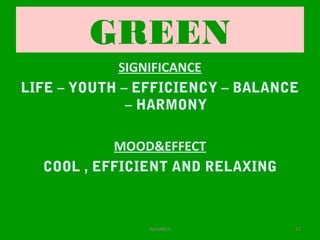 GREEN
SIGNIFICANCE
LIFE – YOUTH – EFFICIENCY – BALANCE
– HARMONY
MOOD&EFFECT
COOL , EFFICIENT AND RELAXING
27WINARCH
 