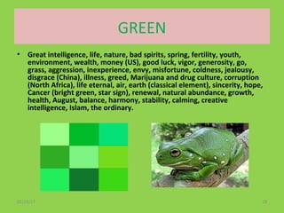 02/24/17 28
GREEN
• Great intelligence, life, nature, bad spirits, spring, fertility, youth,
environment, wealth, money (US), good luck, vigor, generosity, go,
grass, aggression, inexperience, envy, misfortune, coldness, jealousy,
disgrace (China), illness, greed, Marijuana and drug culture, corruption
(North Africa), life eternal, air, earth (classical element), sincerity, hope,
Cancer (bright green, star sign), renewal, natural abundance, growth,
health, August, balance, harmony, stability, calming, creative
intelligence, Islam, the ordinary.
 