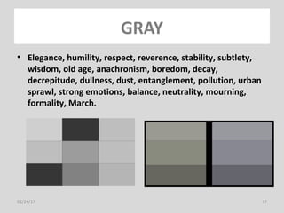 02/24/17 37
GRAY
• Elegance, humility, respect, reverence, stability, subtlety,
wisdom, old age, anachronism, boredom, decay,
decrepitude, dullness, dust, entanglement, pollution, urban
sprawl, strong emotions, balance, neutrality, mourning,
formality, March.
 