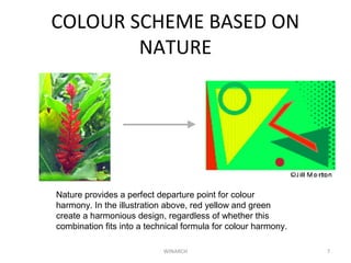 COLOUR SCHEME BASED ON
NATURE
WINARCH 7
Nature provides a perfect departure point for colour
harmony. In the illustration above, red yellow and green
create a harmonious design, regardless of whether this
combination fits into a technical formula for colour harmony.
 