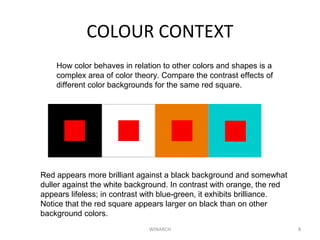 COLOUR CONTEXT
WINARCH 8
Red appears more brilliant against a black background and somewhat
duller against the white background. In contrast with orange, the red
appears lifeless; in contrast with blue-green, it exhibits brilliance.
Notice that the red square appears larger on black than on other
background colors.
How color behaves in relation to other colors and shapes is a
complex area of color theory. Compare the contrast effects of
different color backgrounds for the same red square.
 