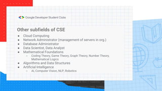 Other subfields of CSE
● Cloud Computing
● Network Administrator (management of servers in org.)
● Database Administrator
● Data Scientist, Data Analyst
● Mathematical Foundations
○ Coding Theory, Game Theory, Graph Theory, Number Theory,
Mathematical Logics
● Algorithms and Data Structures
● Artificial Intelligence
○ AI, Computer Vision, NLP, Robotics
 