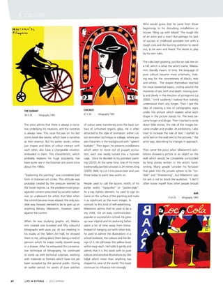 LIFE IN ESTONIA I 2014 SPRING60
I CULTURE
The artist admits that there is always a narra-
tive underlying his creations, and the narrative
is always new. This issue focuses on his last
comic-book-like works, which have a narrative
as their essence. But his earlier works, where
just shapes and blots of colour interact with
each other, also have a changeable situation
embodied in them. This characteristic, which
probably explains his huge popularity, has
been quite rare in the Estonian arts scene since
about the 1980s.
“Explaining the painting” was considered bad
form in Estonian art circles. This attitude was
probably created by the pressure exerted by
the Soviet regime, i.e. the predetermined prop-
agandist content prescribed by socialist realism
was so unpleasant for artists that later when
the control became more relaxed, the only pos-
sible way forward seemed to be to give up on
anything literary. Mäetamm, however, went
against the current.
When he was studying graphic art, Mäeta-
mm created one hundred and fifty colourful
lithographs with pure joy. At our meeting in
his studio at the Tallinn Art Hall, he showed
them to me, joking about them being a kind of
pension which he keeps neatly stowed away
in a drawer. After he exhausted this conserva-
tive technique of lithography, he continued
to come up with technical surprises, working
with materials or formats which have not yet
been accepted by the general public. During
an earlier period, his works of pure patches
of colour were transferred onto the back sur-
face of unframed organic glass. He is often
attracted to the style of animation: either cut-
out animation technique or collage, where you
see characters in the background with “speech
bubbles”. Then again, he presents installations
which seem to come out of puppet anima-
tion, each one neatly tucked into a hamster
cage. Once he decided to try porcelain paint-
ing (2010). At the same time, one of his more
traditionally painted canvases is 24 metres long
(2005). Well, he cut it into pieces later and uses
those today to paint new works on.
People used to call the laconic motifs of his
earlier works “hippy-like” or “poster-style”.
As a key stylistic element, he used to sign his
name on the surface of the painting and make
it as significant as the main images. In
contrast to this kind of self-advertising,
Mäetamm admits that he used to be a
shy child, not an easy communicator,
popular or successful in school. He grew
up near Viljandi and his seafaring father
spent a lot of time away from home.
Instead of hanging out with other kids,
he used to admire the illustrations in a
school textbook, the colours and the de-
sign of it. He still keeps this yellow book
within easy reach. He holds it gently and
admits that it is this book with its pure
colours and sensitive illustrations by Silvi
Väljal which more than anything has
shaped his view of the world. This book
continues to influence him strongly.
CHICAGO
47 X 34 I lithography 1992
THE SUNDAY
38 X 29 I lithography 1992
Who would guess that he came from those
beginnings to his disturbing installations or
houses filling up with blood? The tough life
of an artist and a man? But perhaps his lack
of success in childhood provided him with a
tough core and the burning ambition to stand
out, to be seen and heard. The desire to play
by his own rules.
The rules kept growing, just like an oak tree on
a hill, which is what the artist’s name, Mäeta-
mm, literally means. In time, the language of
pure colours became more schematic, mak-
ing way for the concreteness of blacks, reds
and whites. The shapes themselves reached
for more existential topics, circling around the
mysteries of sex, birth and death, moving sure-
ly and clearly in the direction of pictograms (ca
2000). “Until suddenly I realised that nobody
understood them any longer. Then I got the
idea of creating a line of cartographic signs
under the picture which explain what each
shape in the picture stands for. The texts be-
came longer and longer. Then I started to write
down little stories; the role of the images be-
came smaller and smaller. At exhibitions, I also
tried to increase the role of text: I started to
write text on the wall next to the pictures,” the
artist says, describing his changes in approach.
Then came the point when Mäetamm’s exhi-
bitions showed a picture or an object on the
wall which would be completely surrounded
by long stories written in the artist’s hand-
writing. Many people consider his fantasies
that peek into the private sphere to be “ter-
rible” and “threatening”, but Mäetamm says
his aim is not to shock the audience. “I don’t
often know myself how other people should
BAR
31 X 35 I lithography 1993
 