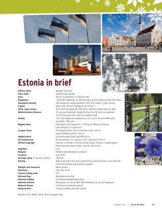 Estonia in brief
Official name: 	
Republic of Estonia
State order: 	
Parliamentary republic
Area: 	
45,227 sq kilometres (17,500 sq miles)
Population: 	
1,294,236 inhabitants: 67.9% Estonians, 25.6% Russians and 6.5% others
Population density: 	
28.6 people per square kilometre. Over 70% reside in urban centres
Capital: 	
Tallinn with 392,331 inhabitants (as of 2011)
Other major towns: 	
Tartu (98,514), Narva (65,706), Pärnu (44,437), Kohtla-Järve (41,992)
Administrative divisions:	
15 counties (maakond), divided further into 226 local municipalities,
	
incl 33 towns and 193 rural municipalities (vald)
Islands: 	
1521, the biggest being Saaremaa 2,671 sq km, Hiiumaa 989 sq km,
	
and Muhu 198 sq km
Biggest lakes: 	
Lake Peipsi 3,555 square km (1,529 sq km belong to Estonia),
	
Lake Võrtsjärv 271 square km
Longest rivers: 	
the Võhandu River 162 km, the Pärnu River 144 km,
	
and the Põltsamaa River 135 km
Highest point: 	
Suur Munamägi (Great Egg Hill) 318 m
Air temperature: 	
annual average +7˚C; January -3.5˚C, July +20.3˚C (2011)
Official language: 	
Estonian, a member of the Finno-Ugric group. Russian is widely spoken.
	
Many Estonians speak English, German, and Finnish
Alphabet: 	Latin
Religion: 	
Predominantly Protestant (Lutheran)
Currency: 	
euro (EUR)
Average salary (1st quarter of 2012): 	
792 EUR
Driving: 	

Right hand side of the road. Speed limits in town 50 km/h, out of town 90
km/h.International driving licence required
Weights and measures: 	
Metric system
Electricity: 	
220 volts, 50 Hz
Country calling code: 	372
National flag: 	Blue-black-and-white
National holiday: 	
24 February (Independence Day)
National anthem: 	
Mu isamaa, mu õnn ja rõõm (My fatherland, my joy and happiness)
National flower: 	
Cornflower (Centaurea cyanus)
National bird: 	
Chimney swallow (Hirundo rustica)
Member of EU, NATO, OECD, WTO, Schengen area

SUMMER 2012

I LIFE IN ESTONIA

77

 