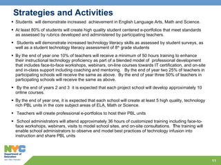 Strategies and Activities Students  will demonstrate increased  achievement in English Language Arts, Math and Science. At least 80% of students will create high quality student centered e-portfolios that meet standards as assessed by rubrics developed and administered by participating teachers.    Students will demonstrate increased technology literacy skills as assessed by student surveys, as well as a student technology literacy assessment of 8 th  grade students  By the end of year one 10% of teachers will receive a minimum of 50 hours training to enhance their instructional technology proficiency as part of a blended model of  professional development that includes face-to-face workshops, webinars, on-line courses towards IT certification, and on-site and in-class support including coaching and mentoring.  By the end of year two 25% of teachers in participating schools will receive the same as above.  By the end of year three 50% of teachers in participating schools will receive the same as above.   By the end of years 2 and 3  it is expected that each project school will develop approximately 10 online courses. By the end of year one, it is expected that each school will create at least 5 high quality, technology rich PBL units in the core subject areas of ELA, Math or Science.   Teachers will create professional e-portfolios to host their PBL units   School administrators will attend approximately 36 hours of customized training including face-to-face workshops, webinars, visits to model school sites, and on-site consultations.   T he training will enable school administrators to observe and model best practices of technology infusion into instruction and share PBL units 